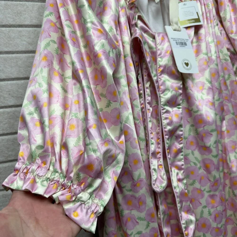 Dondolo Caroline NWT Satin Midi Dress Puff Sleeve Ruffle Floral Women Pink - Picture 6 of 16